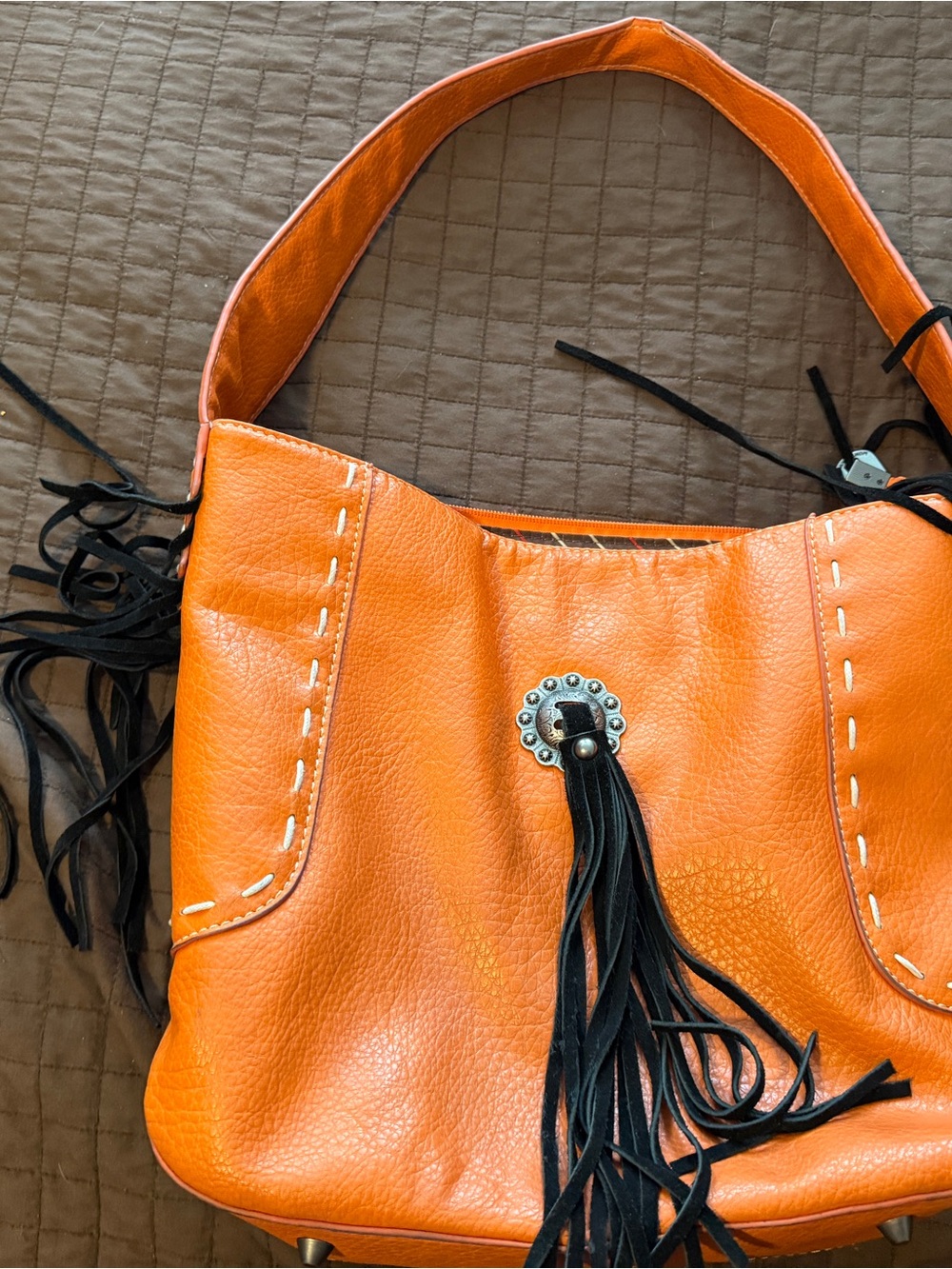 Montana West Orange Leather Fringe Shoulder Bag with Black Tassel